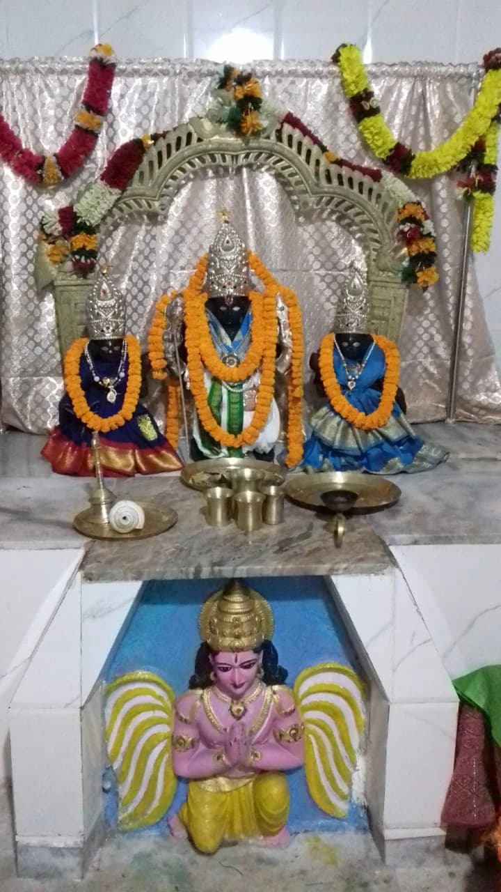 Present-day inner shrine of Sri Venkateswara Swamy Temple at Rail Bazaar, Alipurduar Junction, with the principal deities prepared for worship.